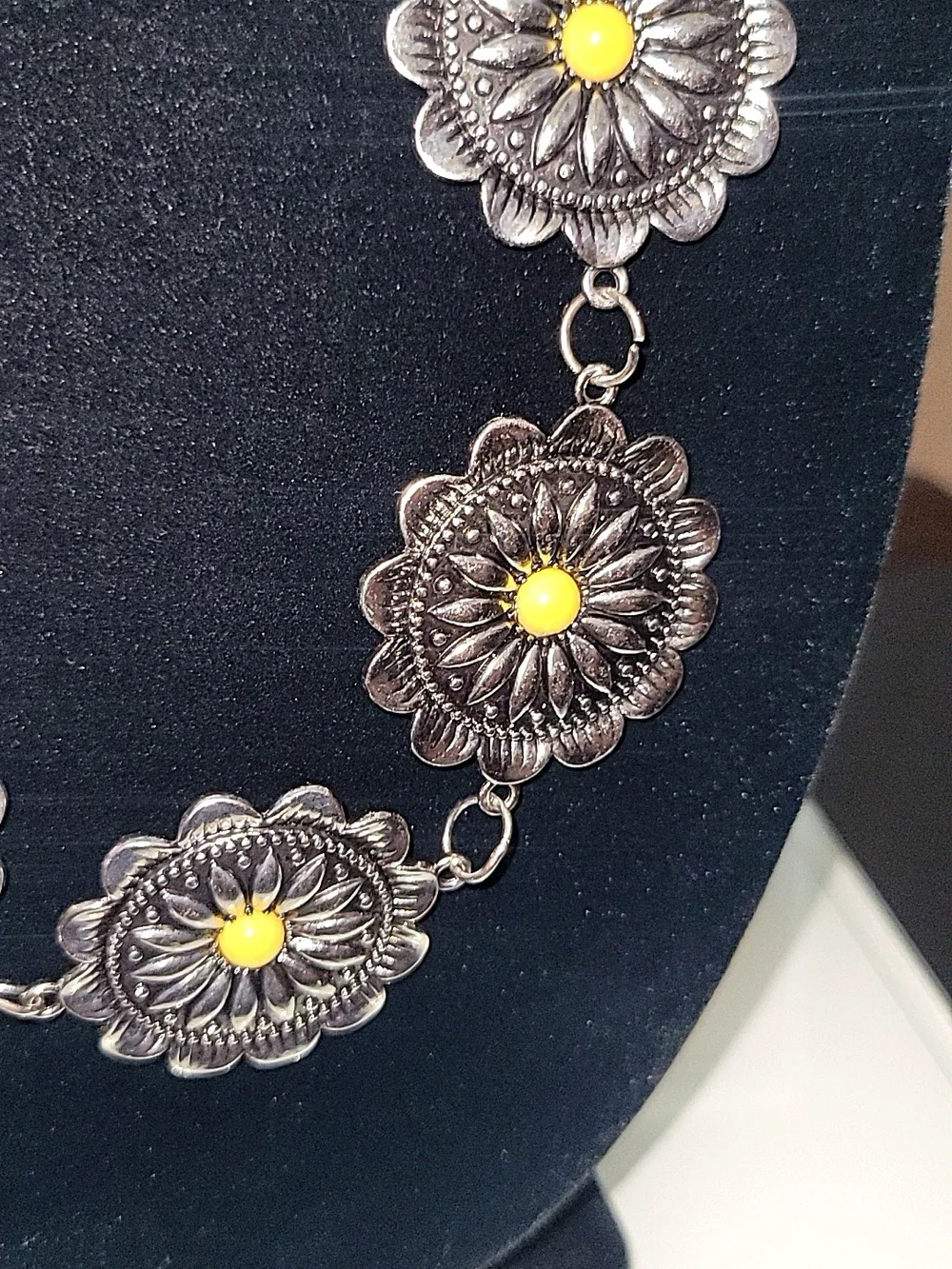 Silver Tone Floral Concho Necklace & Mustard Yellow Beaded Earrings Set